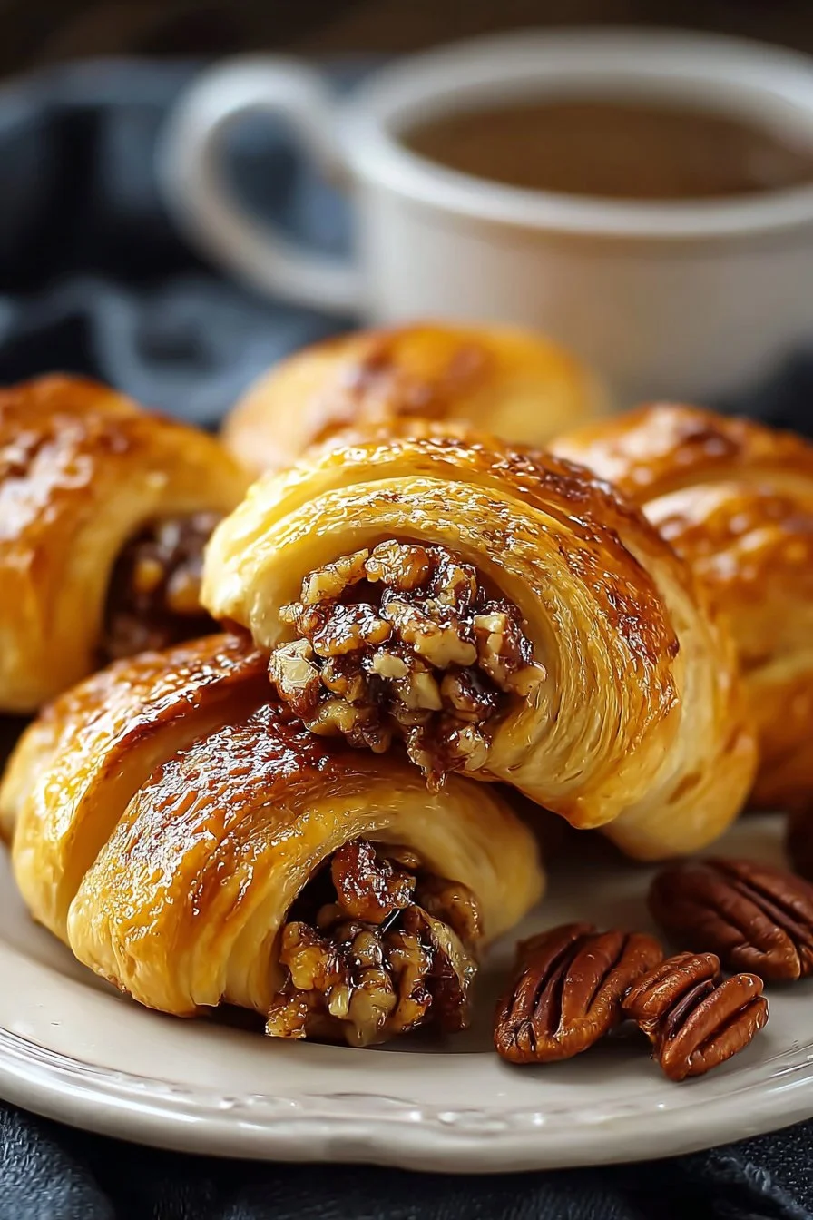 Pecan Pie Crescent Rolls drizzled with caramel and topped with pecans