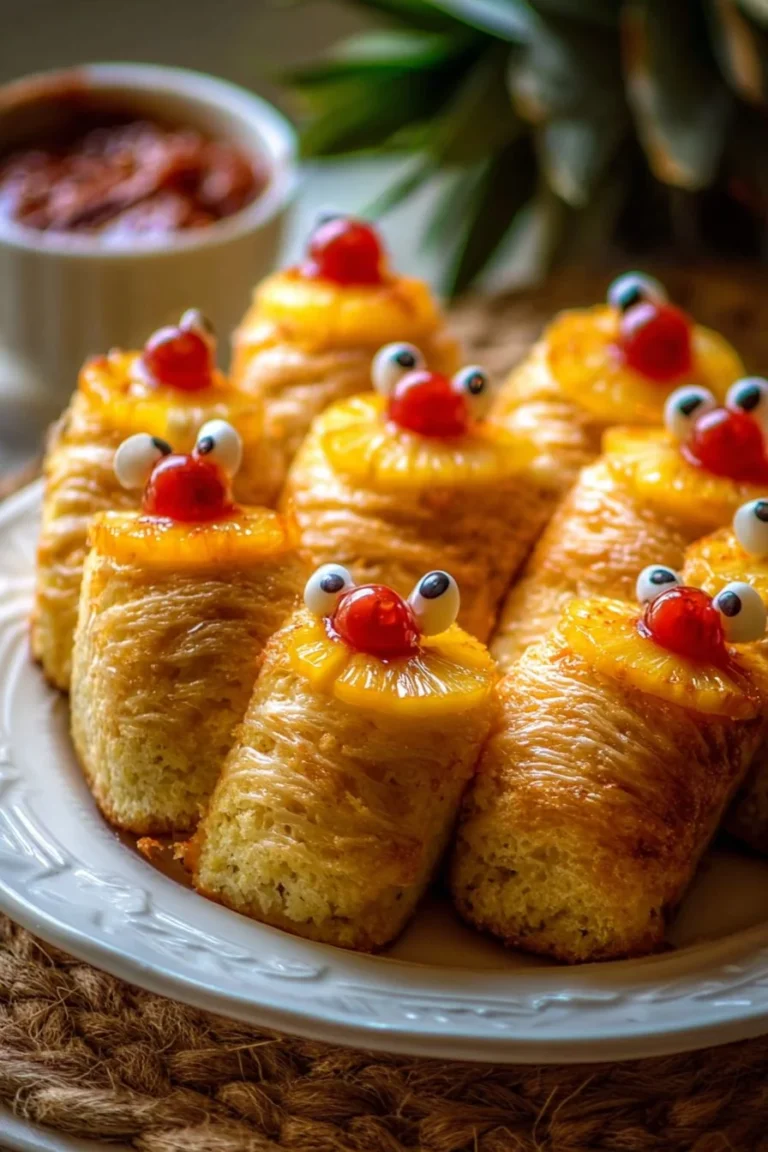 Delicious Pineapple Sunshine Cake topped with fresh pineapple slices and whipped cream.