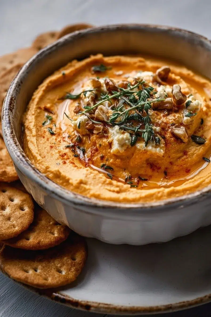 Pumpkin Whipped Feta Dip served in a bowl with crackers and herbs