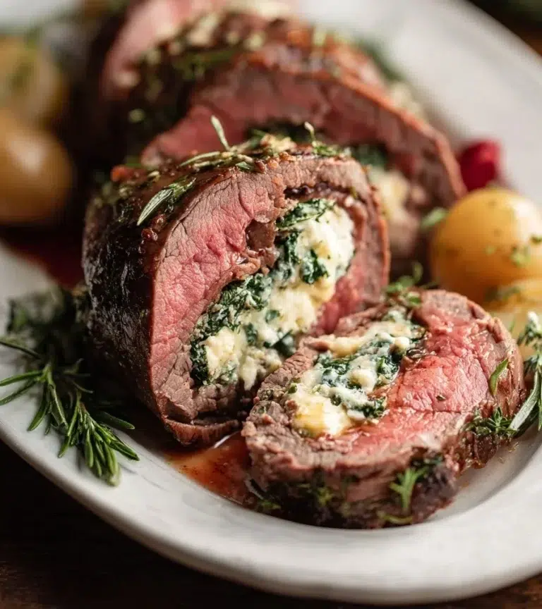 Juicy stuffed beef tenderloin ready for a festive Christmas dinner