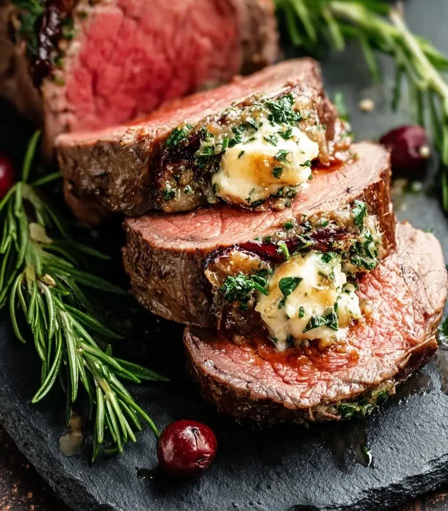 Quick Christmas Stuffed Beef Tenderloin ready to serve on a festive table