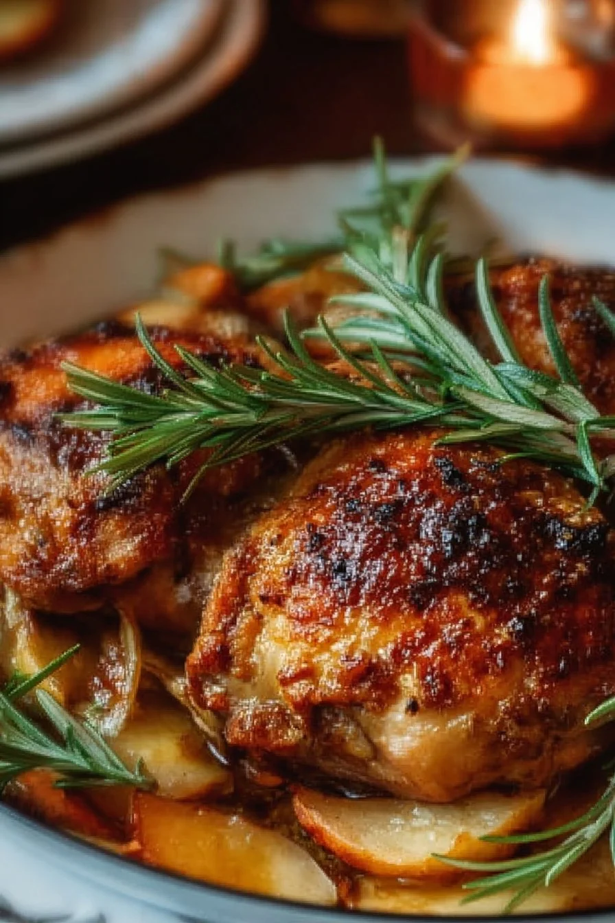 Rosemary Apple Cider Chicken dish garnished with fresh herbs and served on a plate.