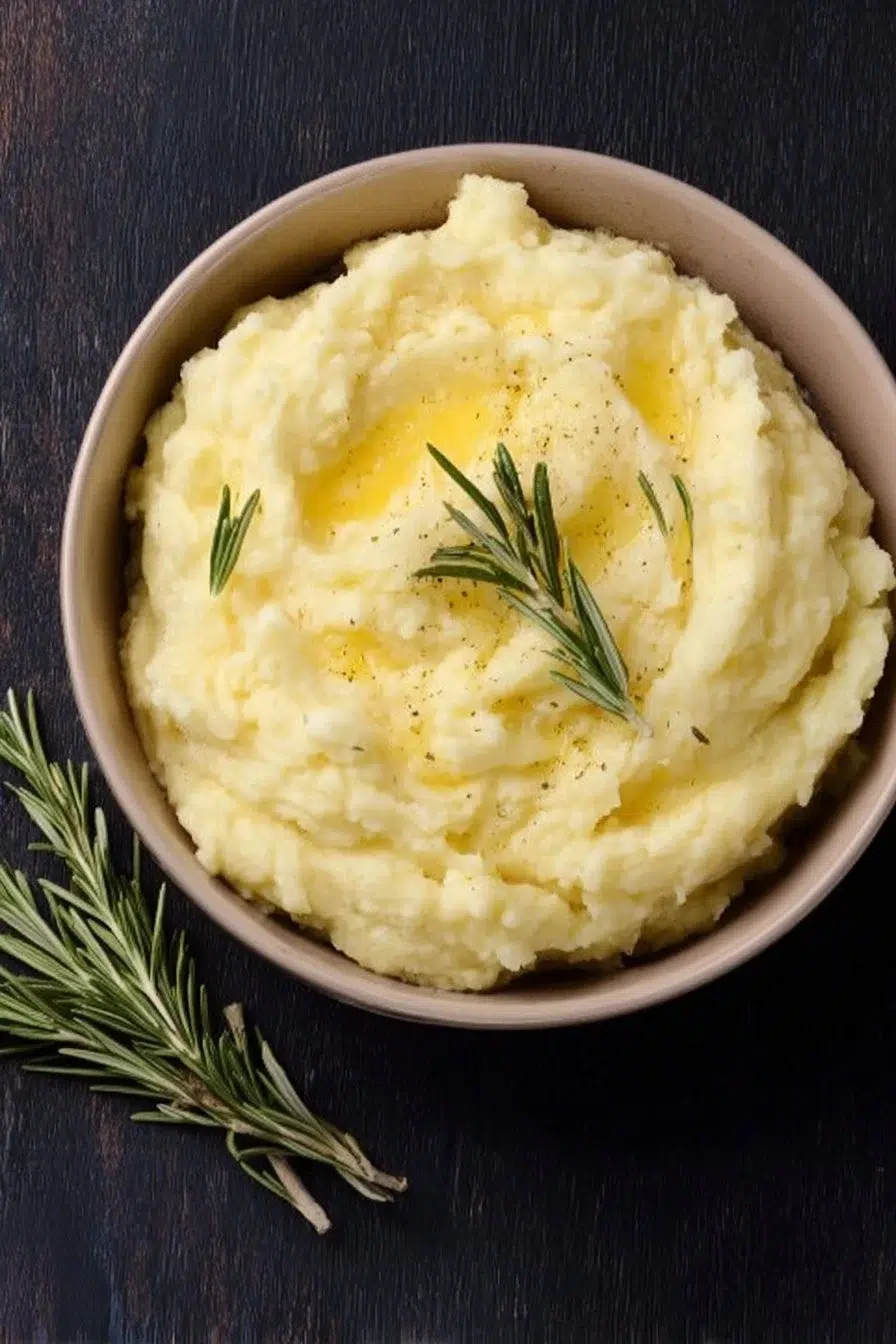 A bowl of creamy rosemary garlic mashed potatoes served with fresh herbs.