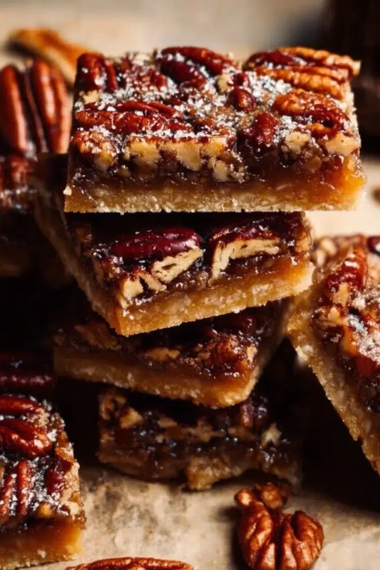 Delicious salted maple pecan pie bars on a wooden board.