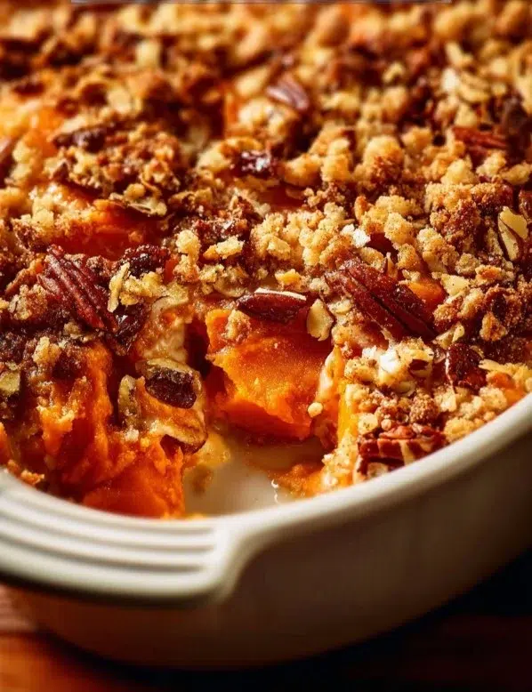 Southern Maple Sweet Potato Casserole topped with pecans and marshmallows