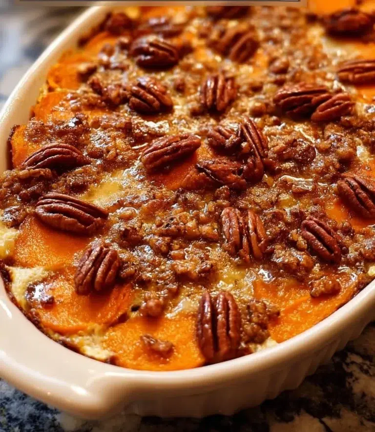 Southern Maple Sweet Potato Casserole topped with pecans and marshmallows