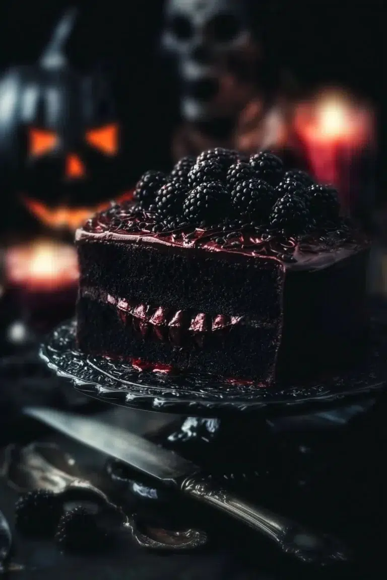 Spooky Black Velvet Cake decorated for Halloween