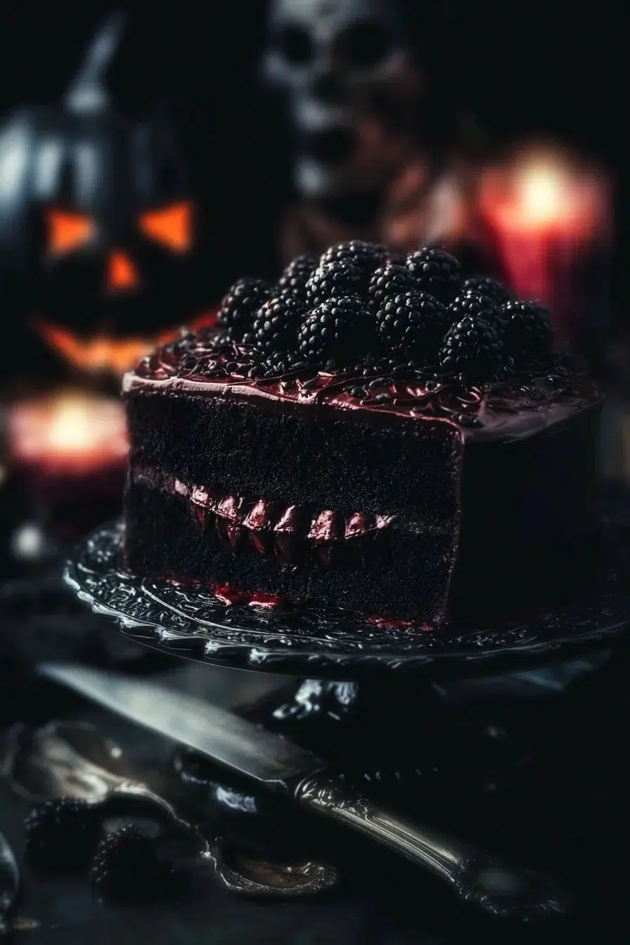 Spooky Black Velvet Cake decorated for Halloween