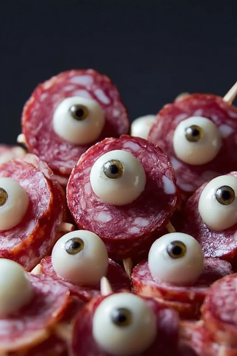 Spooky Salami Mozzarella Eyeballs served on a plate for Halloween