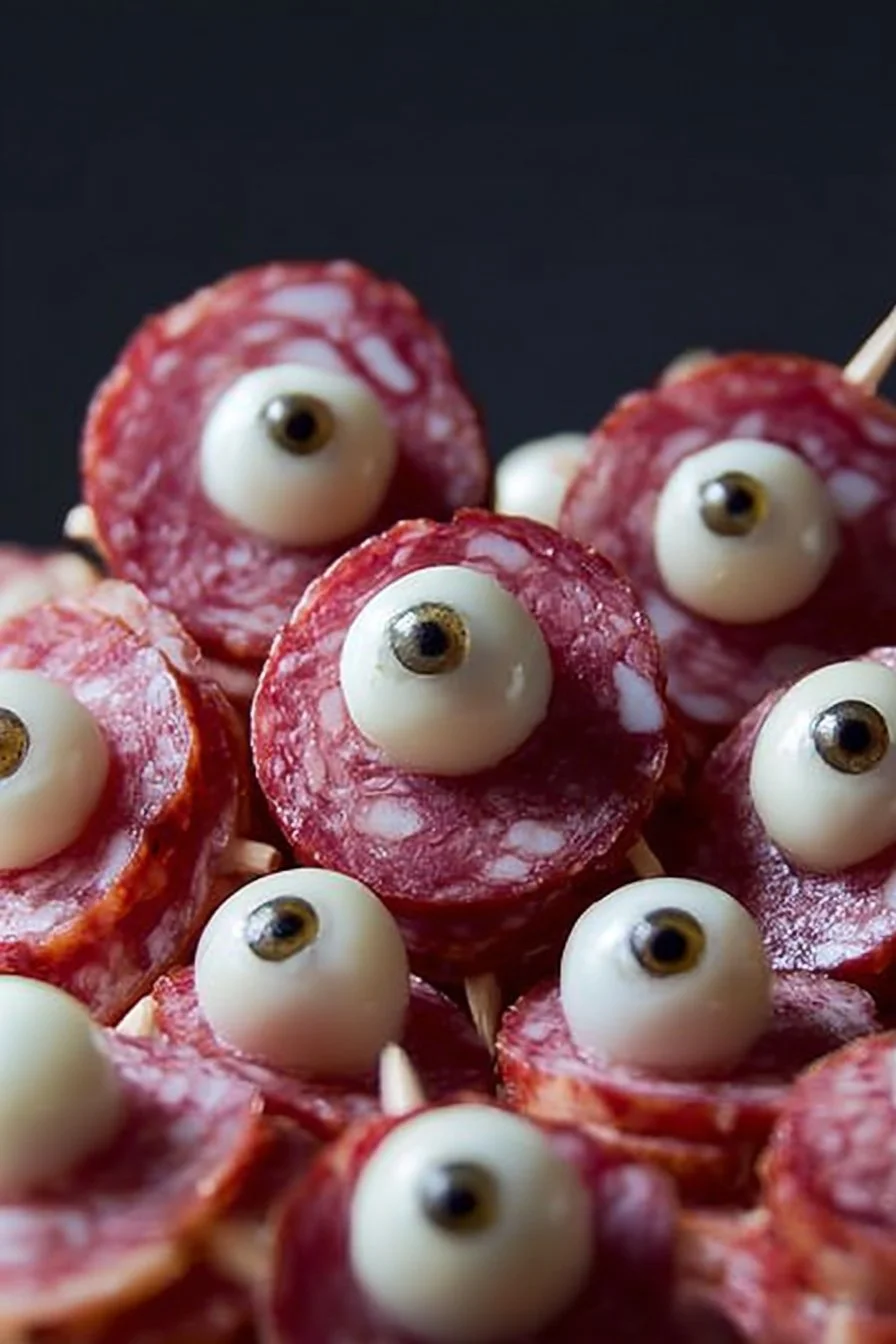 Spooky Salami Mozzarella Eyeballs served on a plate for Halloween