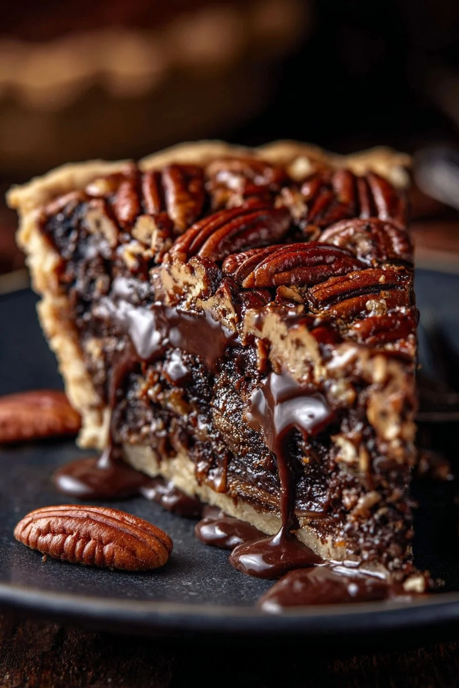Delicious Texas chocolate pecan pie topped with crunchy pecans and chocolate