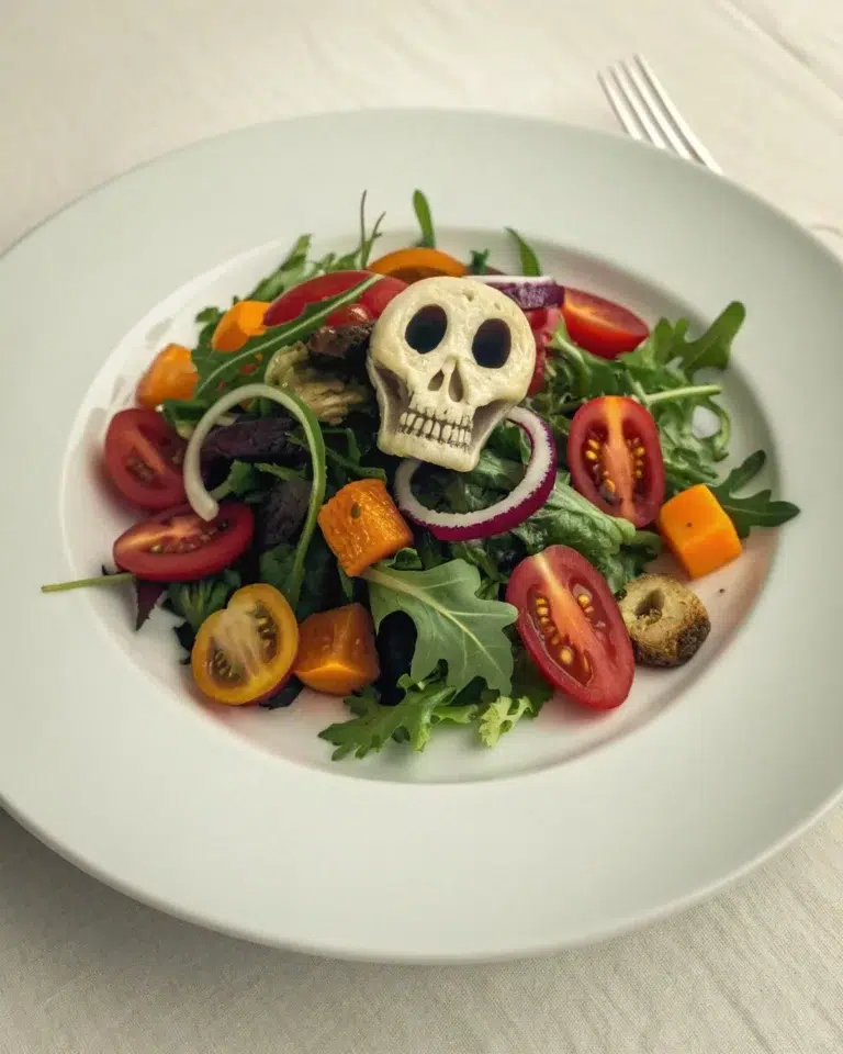 Elegant salads with spooky decorations for Halloween celebrations.