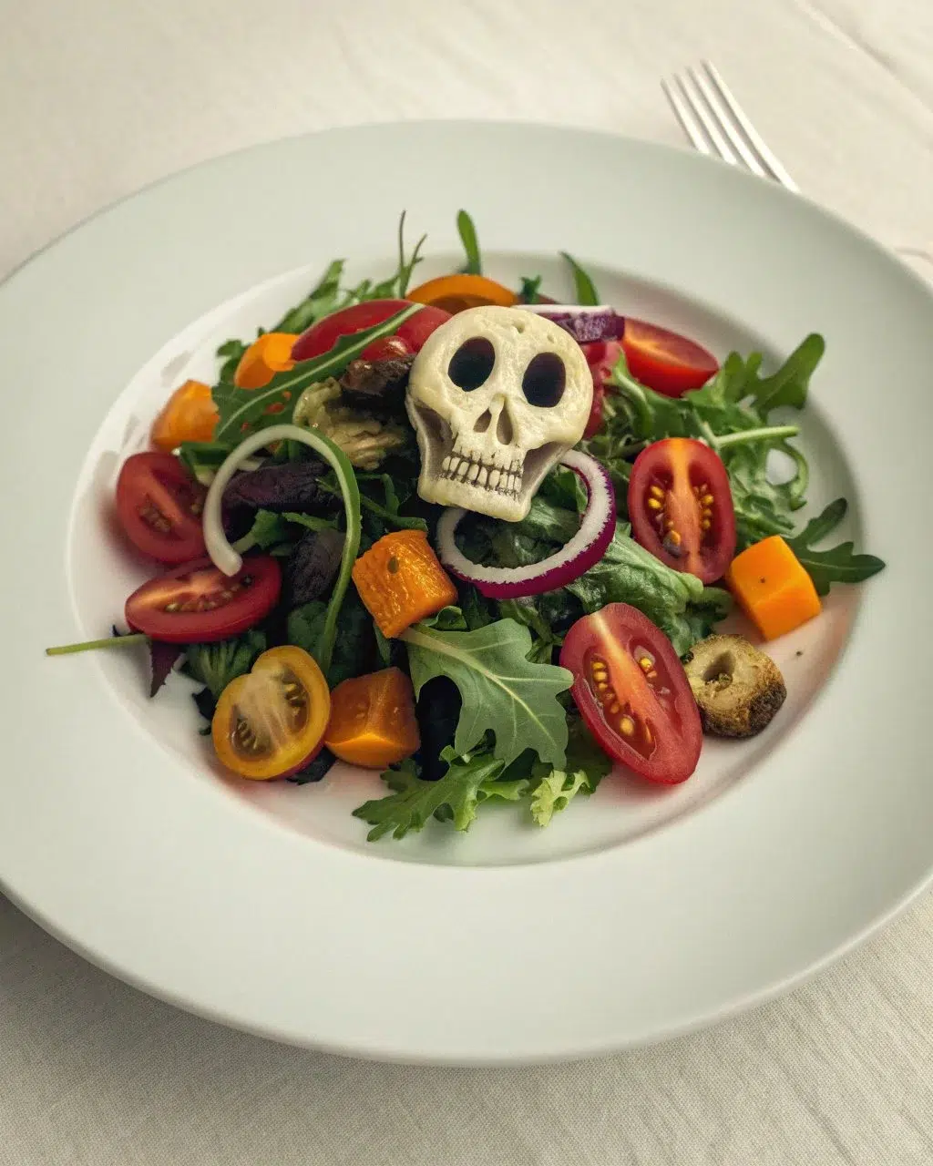 Elegant salads with spooky decorations for Halloween celebrations.