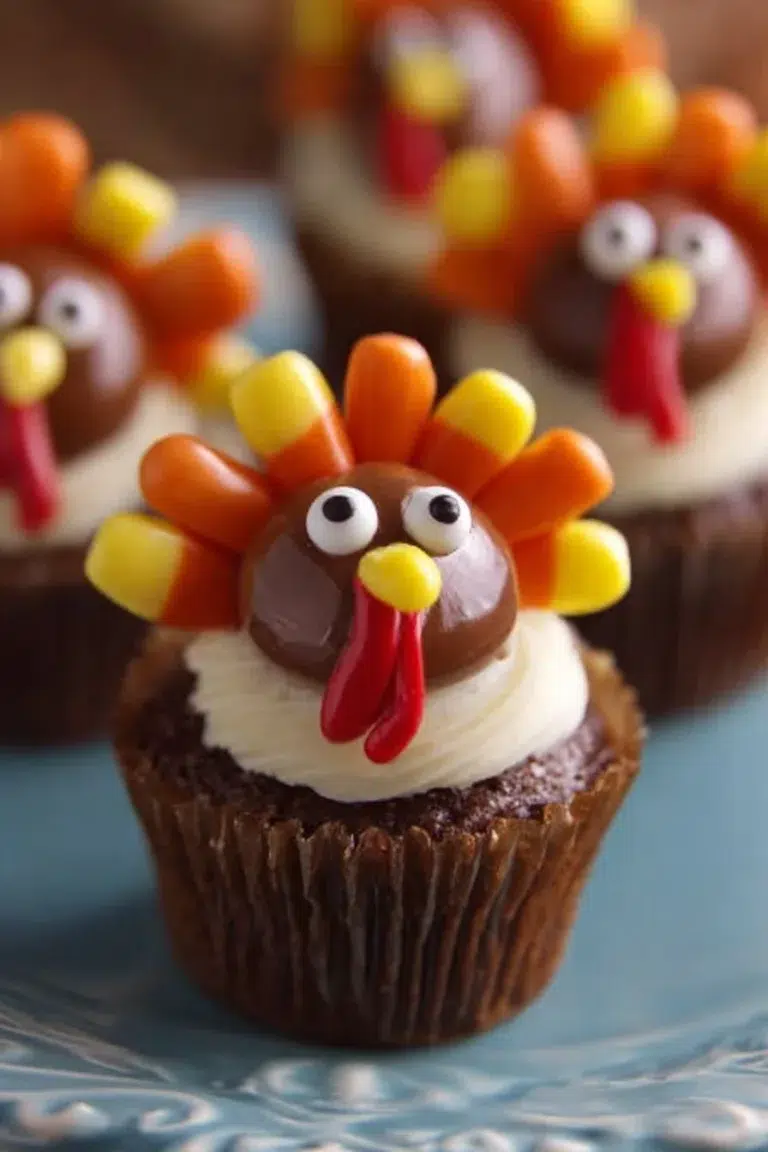 Festively decorated Turkey Cupcakes for Thanksgiving celebration