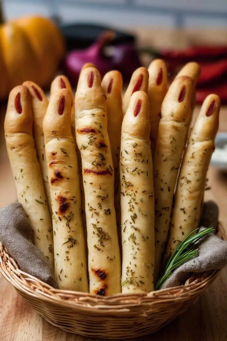 Plate of Witch Finger Breadsticks for Halloween party snacks
