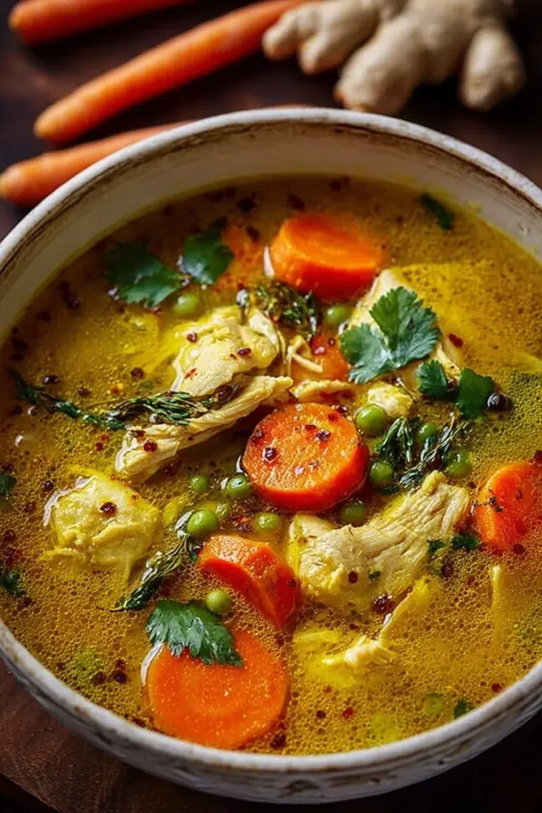 Bowl of anti-inflammatory turmeric chicken soup with herbs and spices