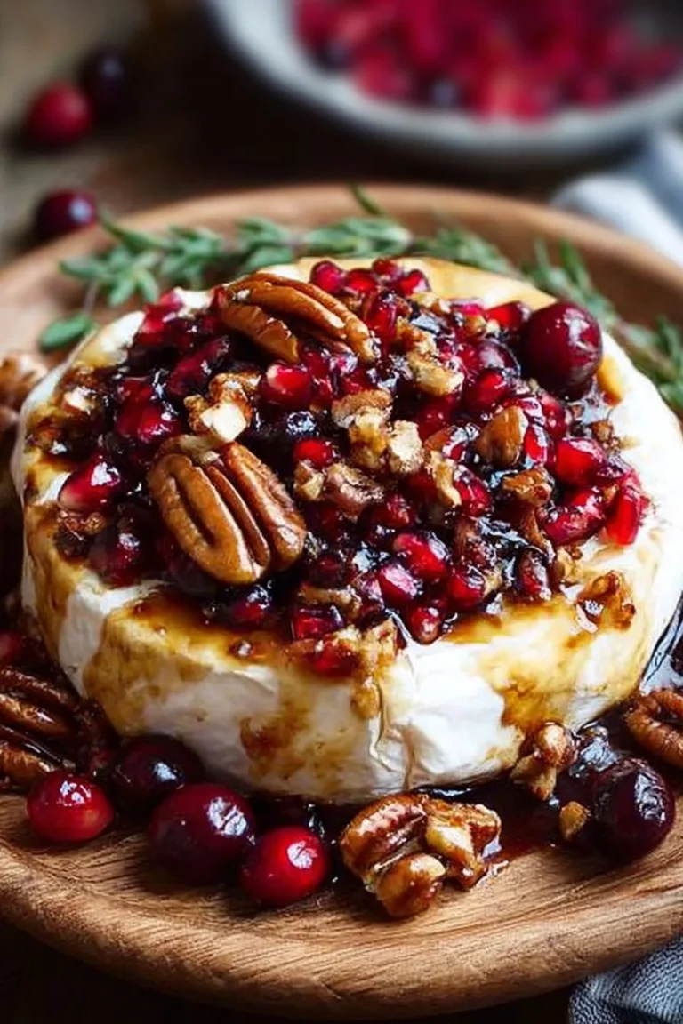 Baked Brie topped with honey balsamic cranberries, pecans, and pomegranate.