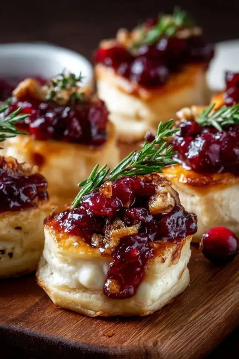 Baked Cranberry Brie Bites with walnuts and herbs on a serving platter