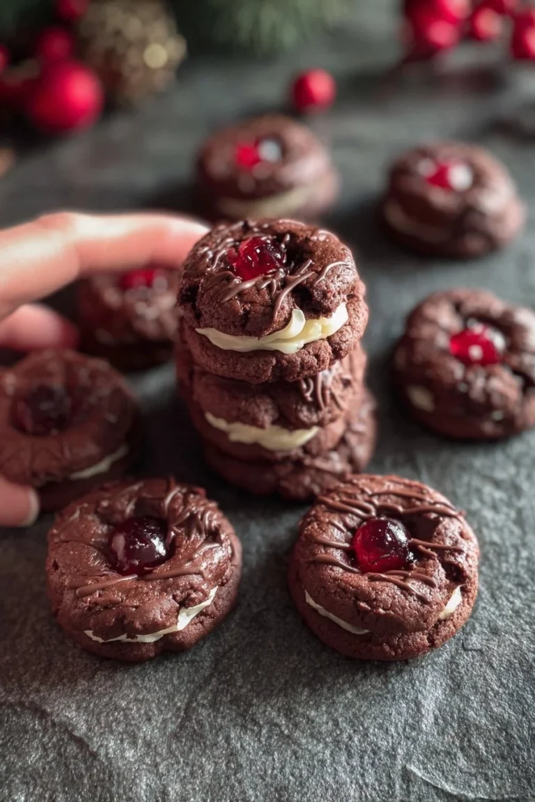 Delicious homemade Black Forest Cookies with cherries and chocolate on a plate.