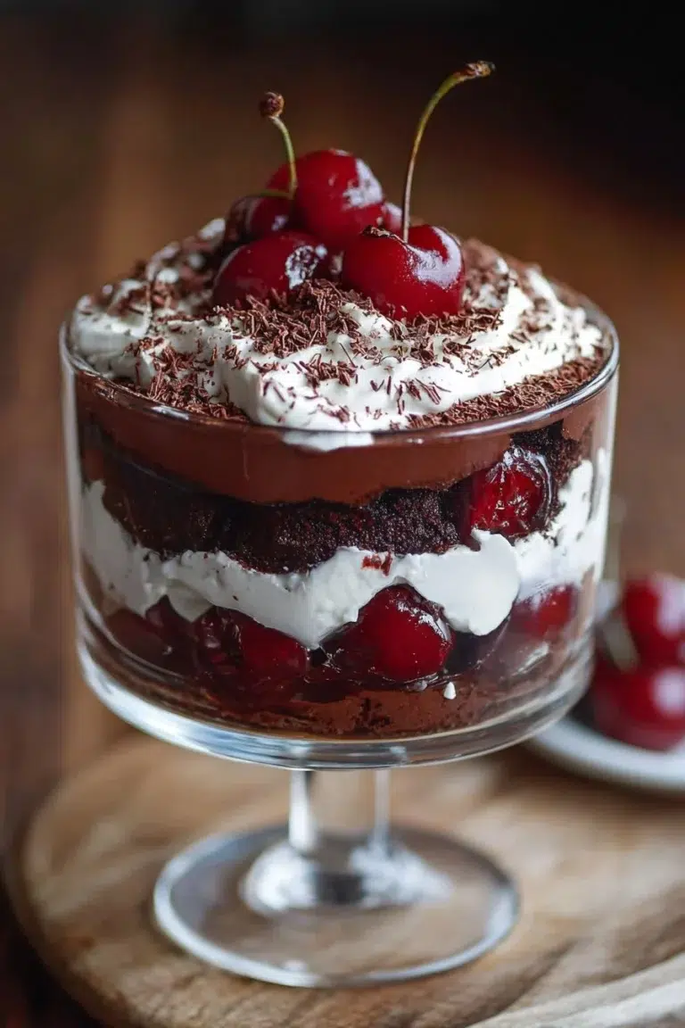 Delicious Black Forest Trifle with layers of chocolate, cherries, and whipped cream