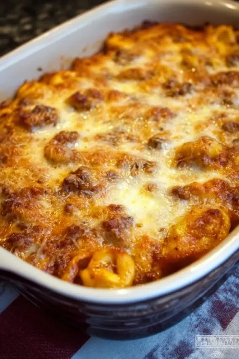 Cheesy baked tortellini casserole with meat sauce fresh out of the oven.