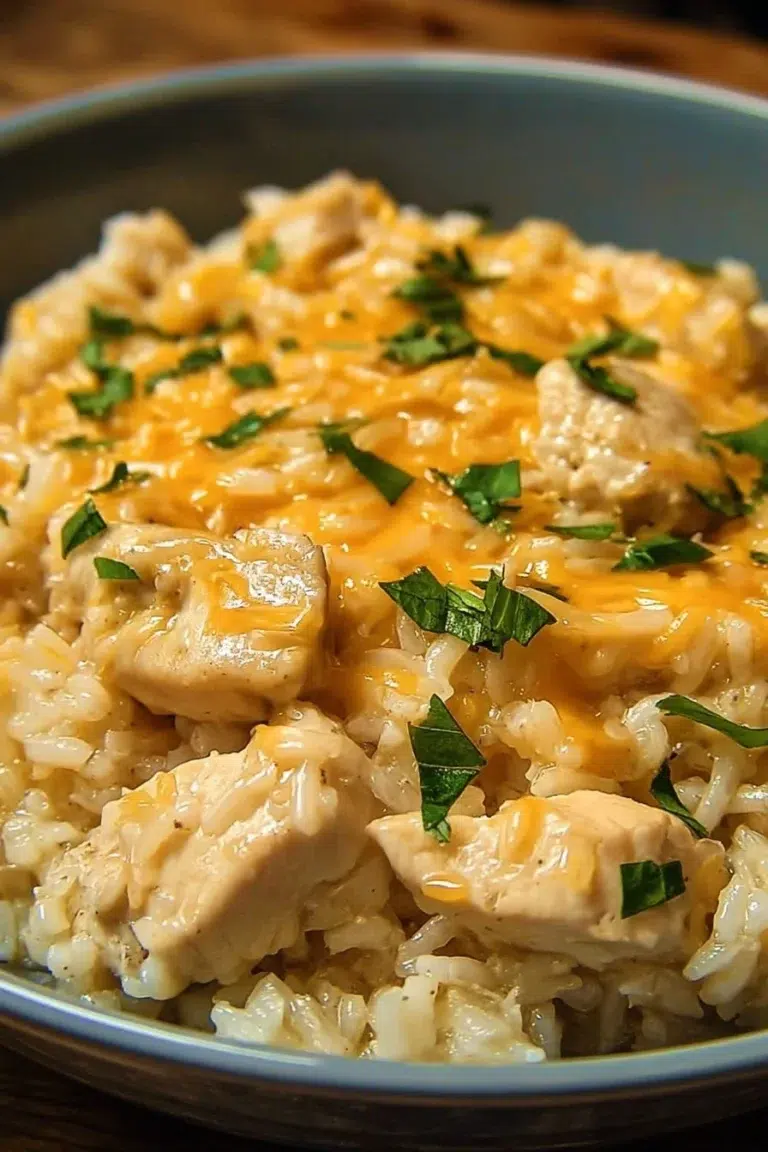 Delicious cheesy chicken and rice served in a bowl with garnish.