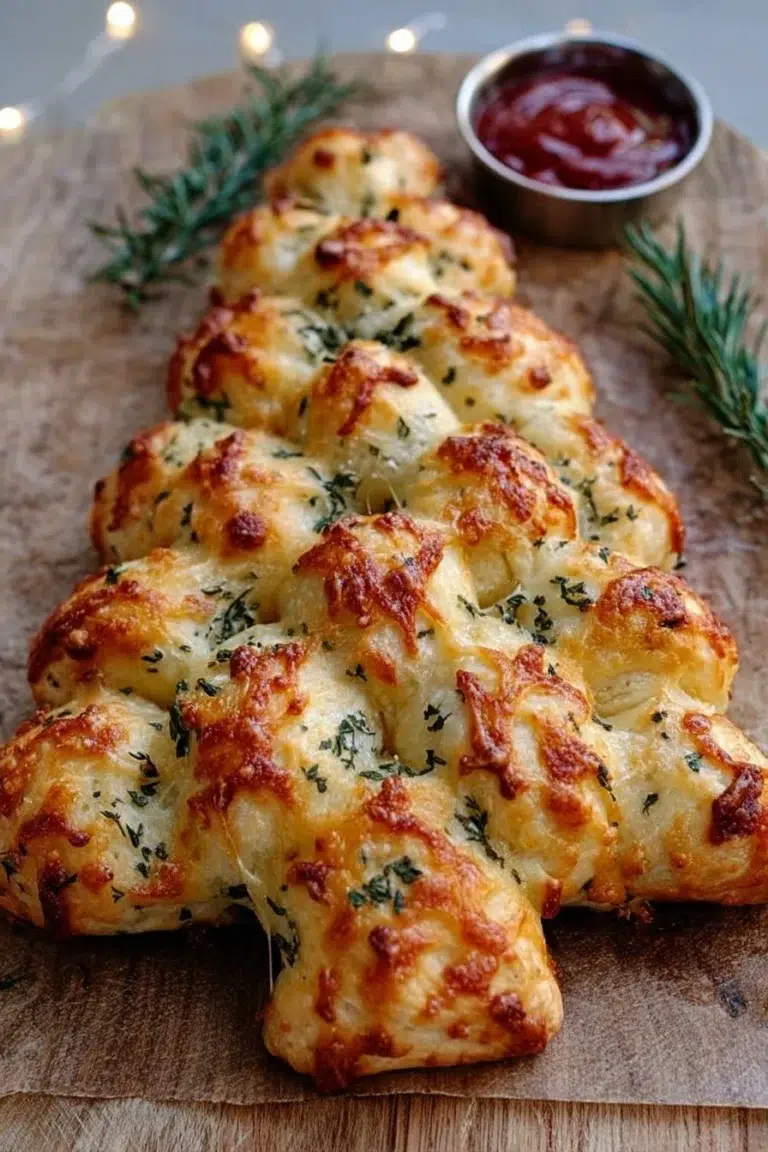Cheesy Christmas tree bread shaped like a festive tree with decorations.