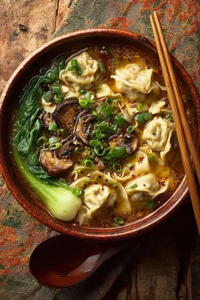 Delicious Chicken and Mushroom Wonton Noodle Soup in a bowl