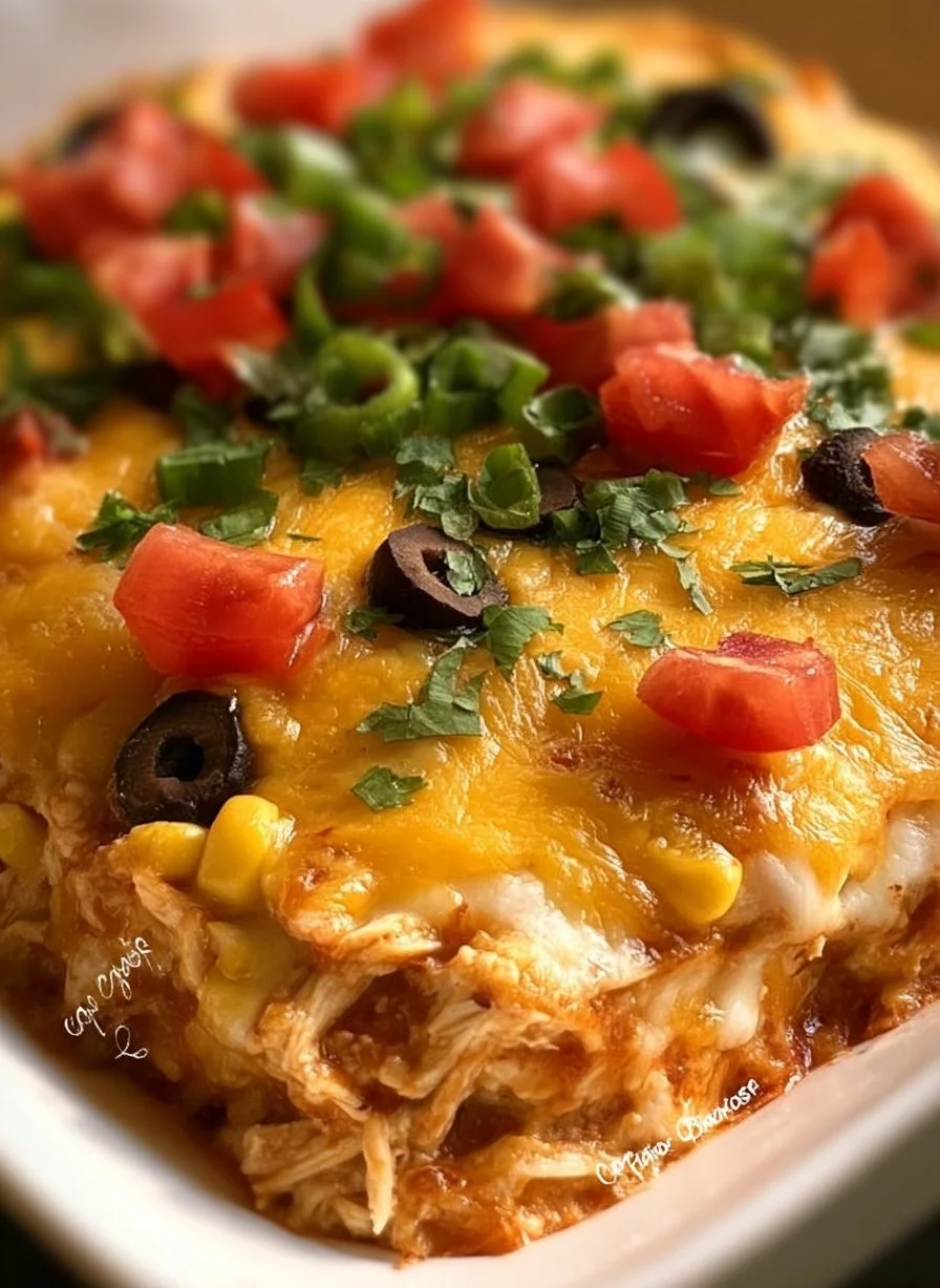 Delicious Chicken Burrito Casserole topped with cheese and fresh ingredients