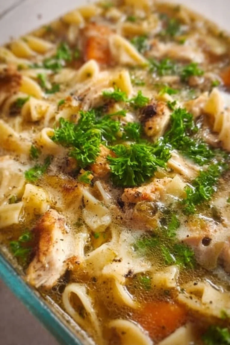 Bowl of homemade Chicken Noodle Soup with vegetables and noodles