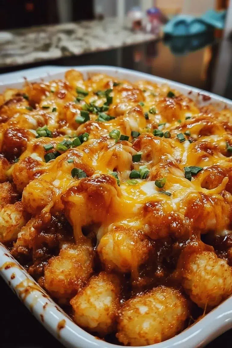 Chili Cheese Tater Tot Casserole with melted cheese and crispy tots