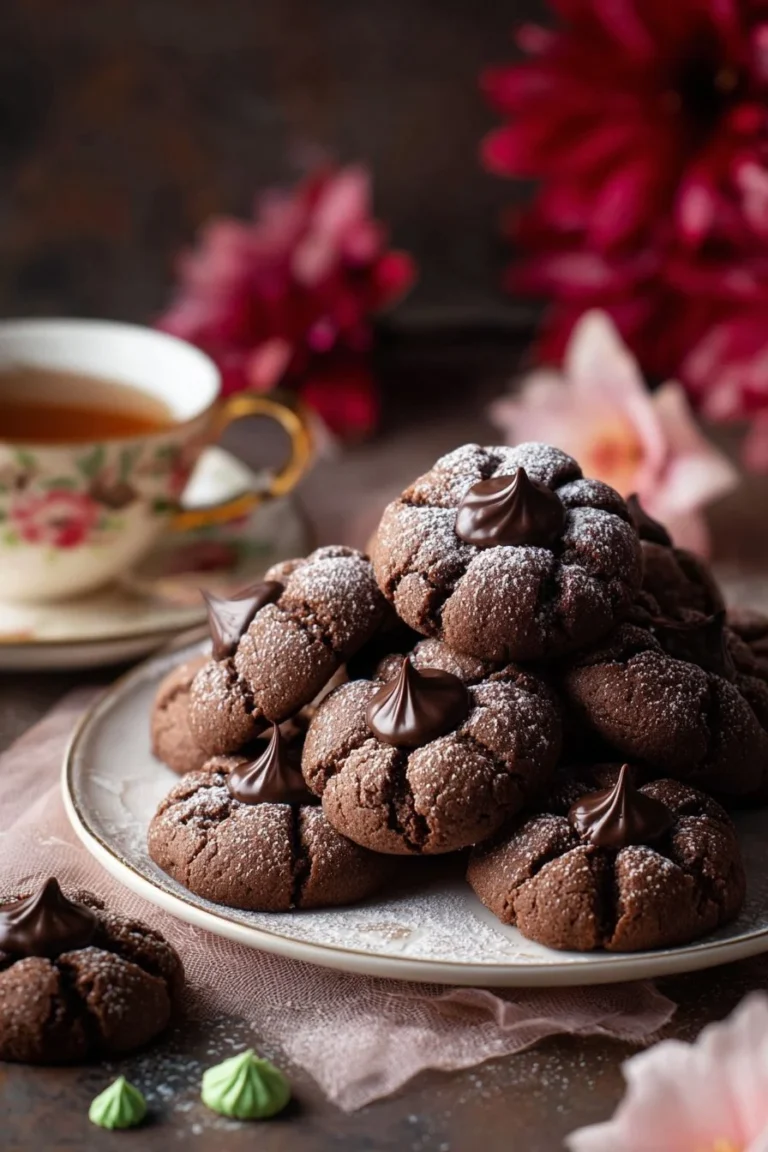 Delicious Chocolate Blossom Cookies with chocolate centers and a soft, chewy texture.