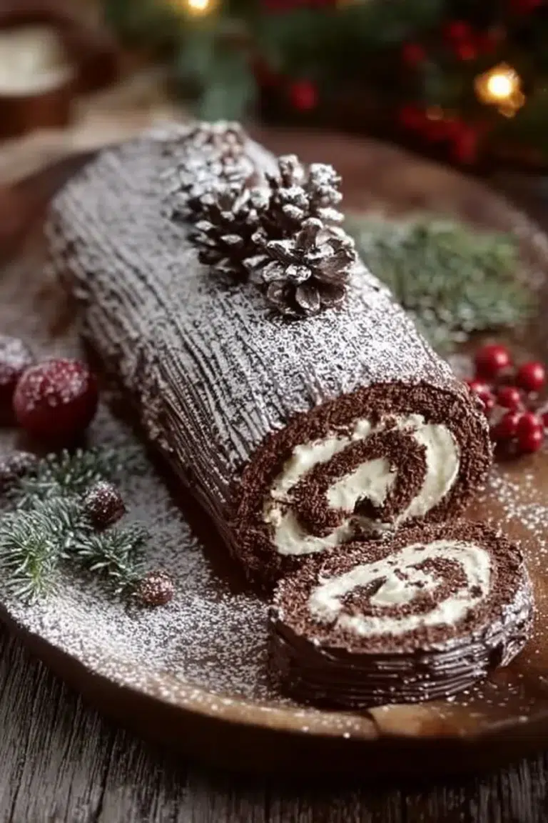 Delicious chocolate yule log dessert decorated for the holidays