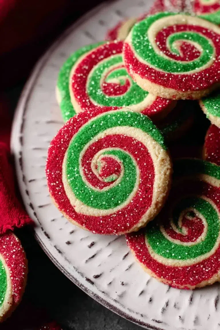 Colorful Christmas Pinwheel Cookies arranged on a festive tray.