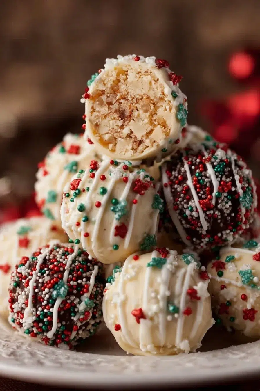 Delicious Christmas tree cake truffles beautifully decorated for the holiday season.