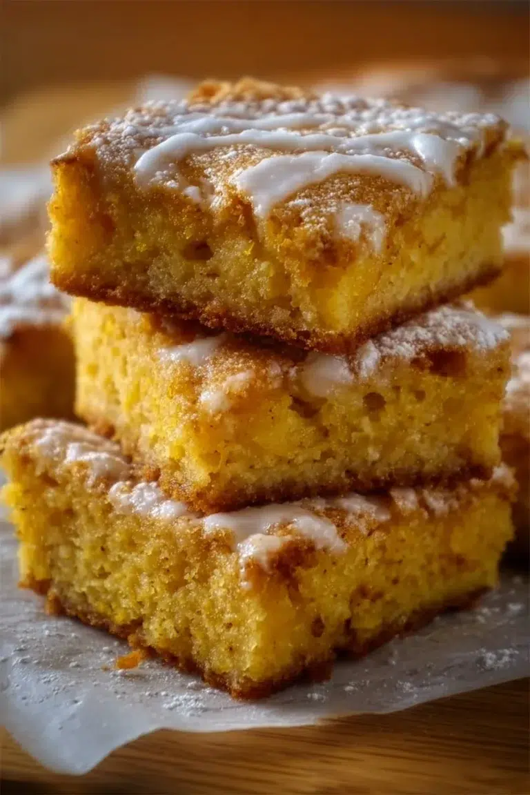 Cottage Cheese Pumpkin Cake Bars freshly baked on a wooden table