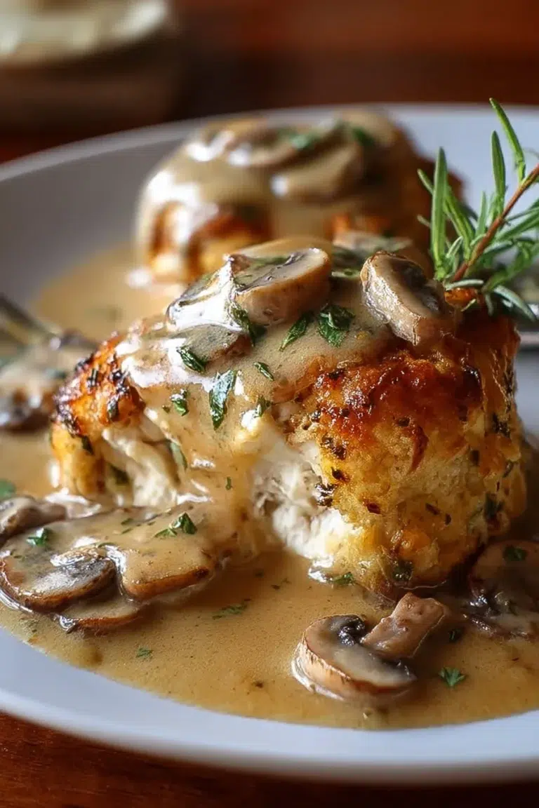 Creamy chicken and mushroom pillows served with savory gravy