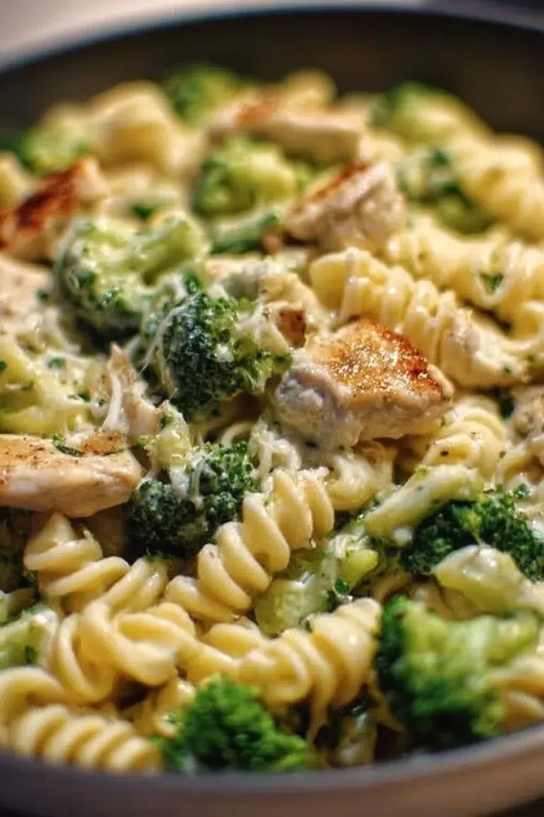 Creamy rotisserie chicken broccoli pasta served in a bowl with herbs