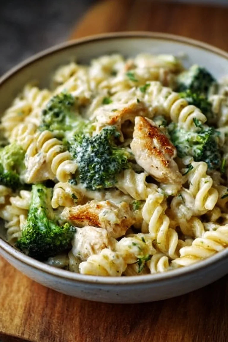 Creamy rotisserie chicken broccoli pasta dish with cheese and herbs