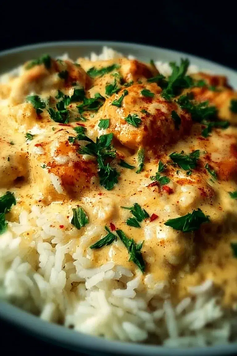 Creamy smothered chicken served over rice in a delicious sauce