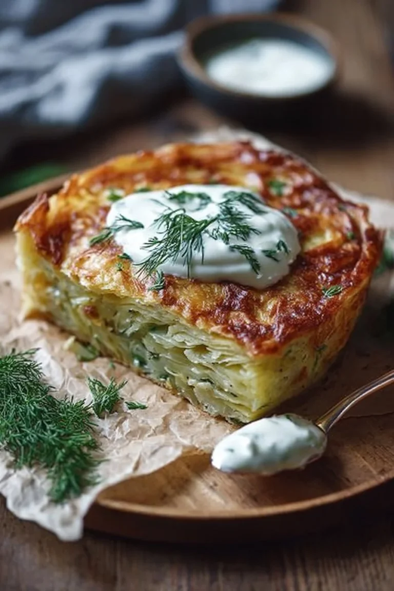 Crispy Cabbage Pie served with dill cream sauce on a plate