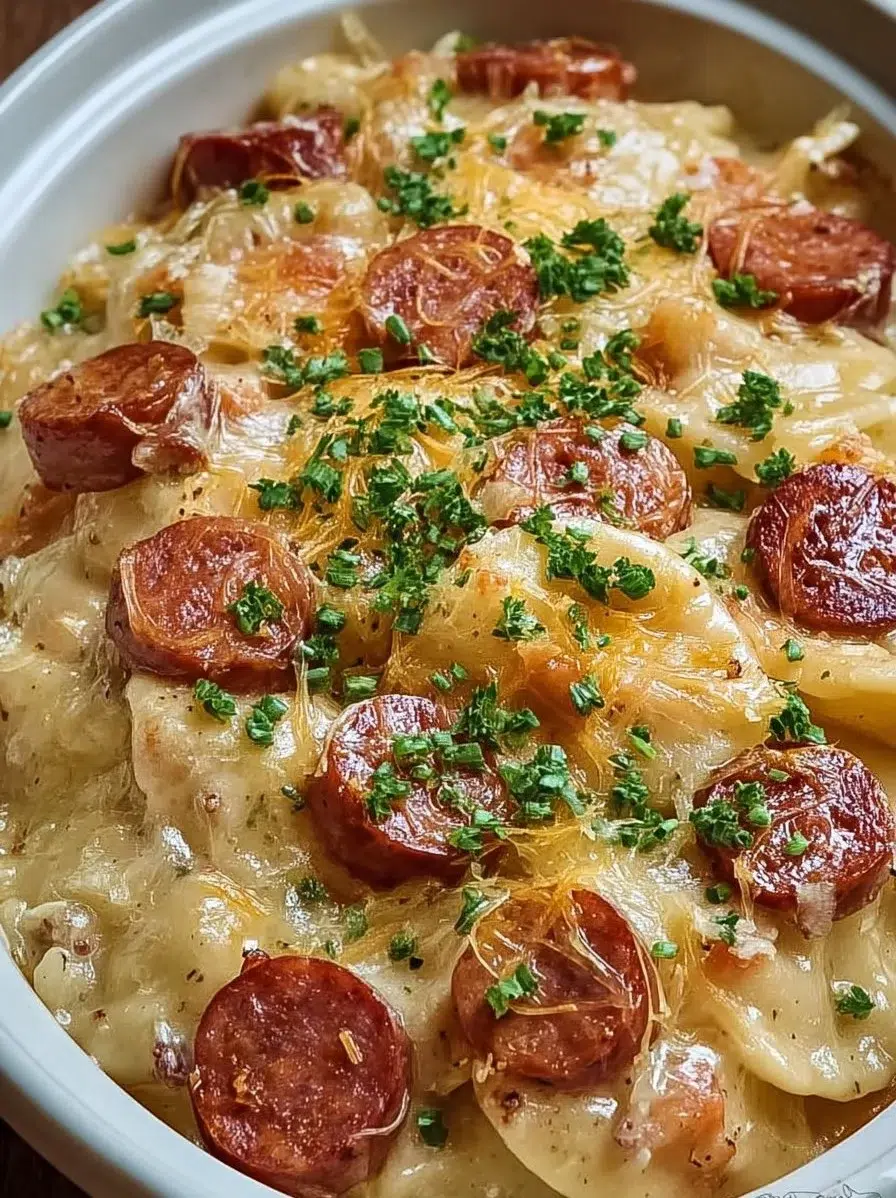 Delicious Crockpot Pierogi Casserole topped with kielbasa and cheese