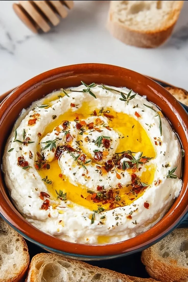 Delicious ricotta dip topped with hot honey served in a bowl