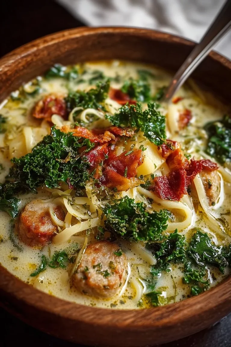 Bowl of creamy chicken sausage soup with bacon, kale, and noodles