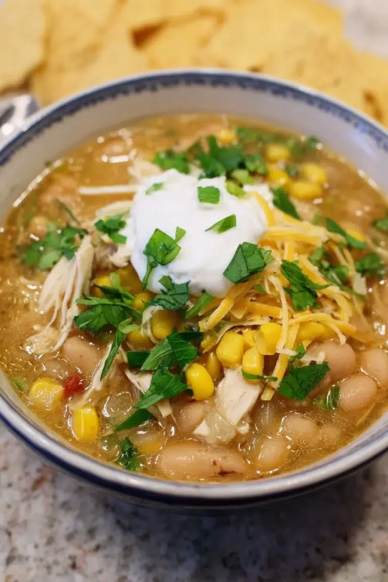 Bowl of easy crockpot white chicken chili garnished with cilantro