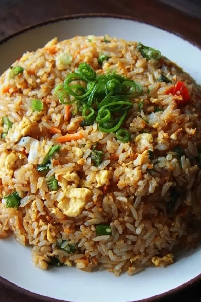 Bowl of easy homemade fried rice with vegetables and eggs