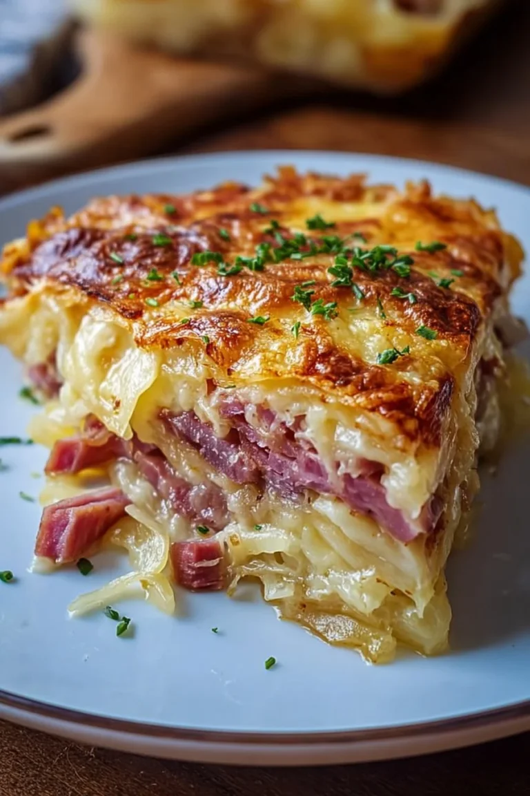 Delicious Reuben Casserole Bake ready to serve with layers of corned beef and sauerkraut.