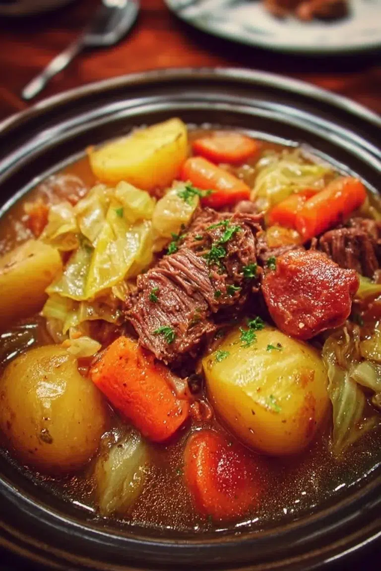 Easy slow cooker beef dinner with potatoes and cabbage in a bowl
