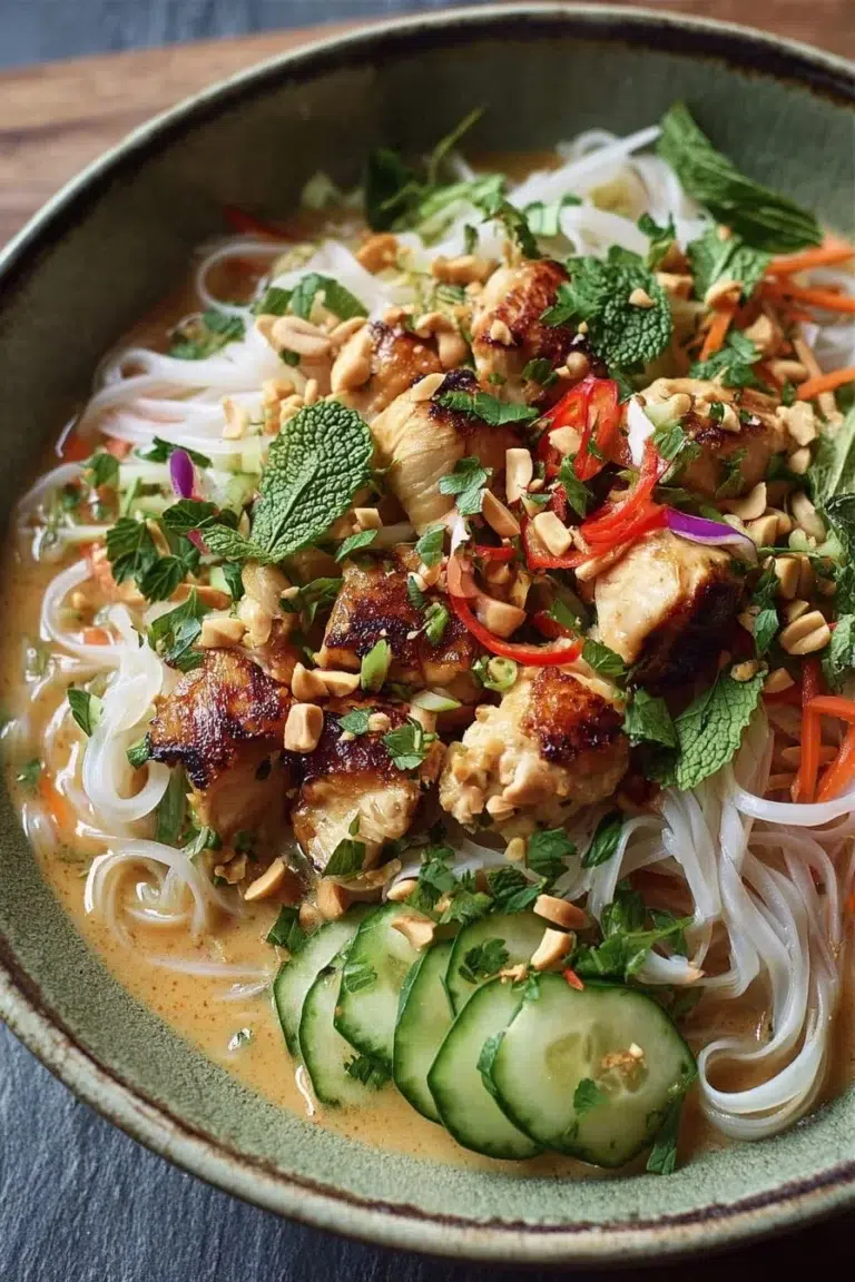 Easy Thai Peanut Chicken noodle bowl topped with fresh vegetables and peanuts