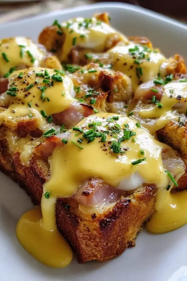 Delicious Eggs Benedict Casserole with creamy hollandaise sauce ready to be served.